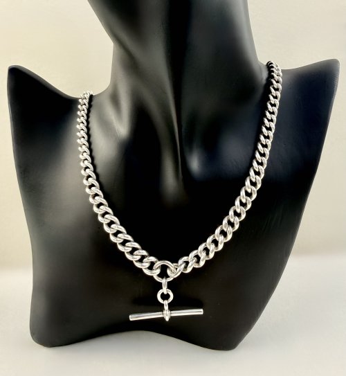 Antique Silver Double Albert Chain with T-Bar. NEW STOCK.