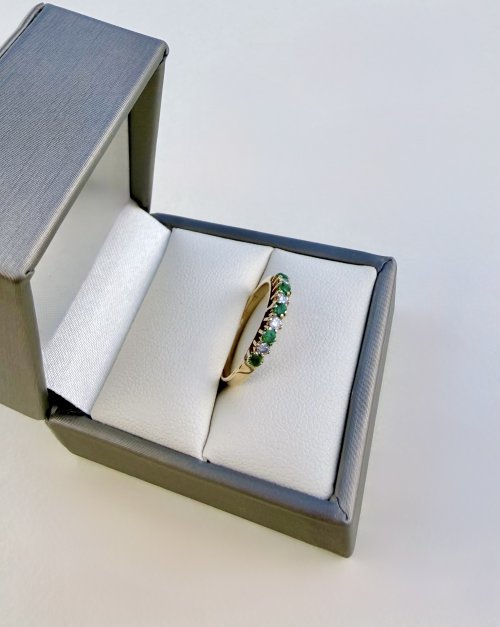 Hallmarked 9ct. Gold Emerald &amp; Diamond Half Eternity Ring. NEW STOCK.