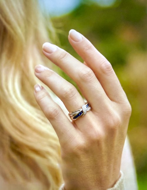 9ct. Yellow Gold Sapphire &amp; Diamond Double Band Ring. NEW STOCK.