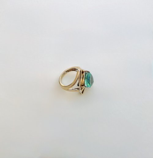 Trilliant Ocean Green Gemstone Ring in Sculptural Gold-Over-Silver Setting. NEW STOCK. 