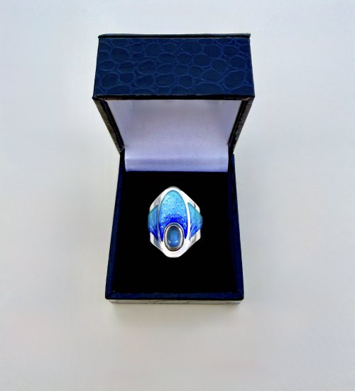 Handcrafted Silver Turquoise &amp; Indigo Enamel Ring with Moonstone Halo. NEW STOCK.
