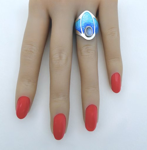 Handcrafted Silver Turquoise &amp; Indigo Enamel Ring with Moonstone Halo. NEW STOCK.