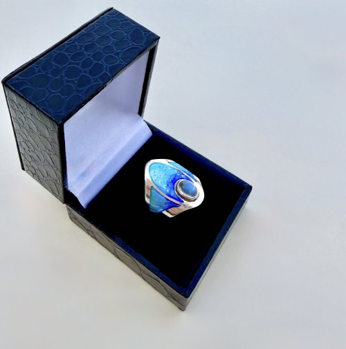 Handcrafted Silver Turquoise &amp; Indigo Enamel Ring with Moonstone Halo. NEW STOCK.