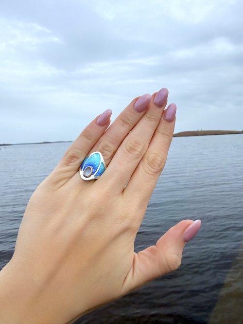 Handcrafted Silver Turquoise &amp; Indigo Enamel Ring with Moonstone Halo. NEW STOCK.
