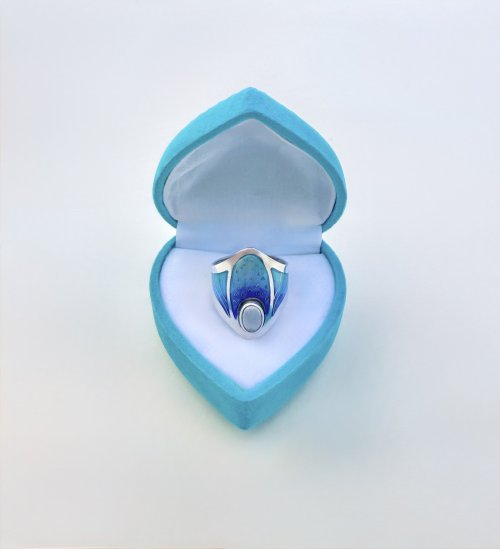 Handcrafted Silver Turquoise &amp; Indigo Blue Enamel Ring with Moonstone Halo. NEW STOCK.