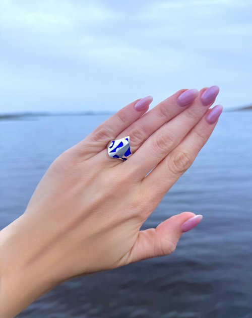 Handcrafted Silver Ring with Cobalt Blue Enamel Design.  NEW STOCK.