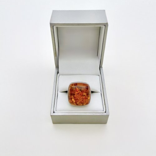Silver Square Amber Statement Ring. NEW STOCK.