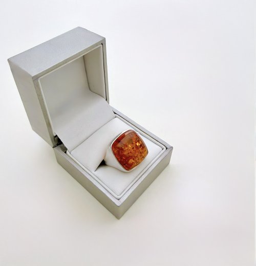 Silver Square Amber Statement Ring. NEW STOCK.