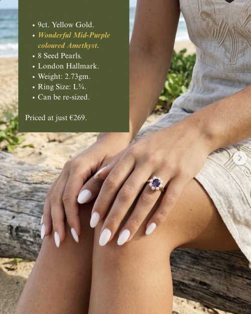 9ct.Yellow Gold Amethyst &amp; Seed Pearl Ring. NEW IN STOCK.