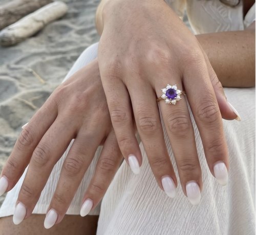 9ct.Yellow Gold Amethyst &amp; Seed Pearl Ring. NEW IN STOCK.