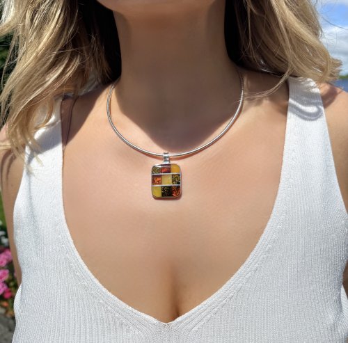 Sterling Silver Square Amber Pendant. NEW IN STOCK.