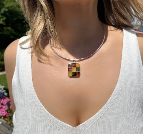 Sterling Silver Square Amber Pendant. NEW IN STOCK.