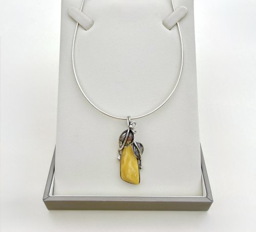 Sterling Silver Butterscotch Amber Leaf Pendant. NEW IN STOCK.