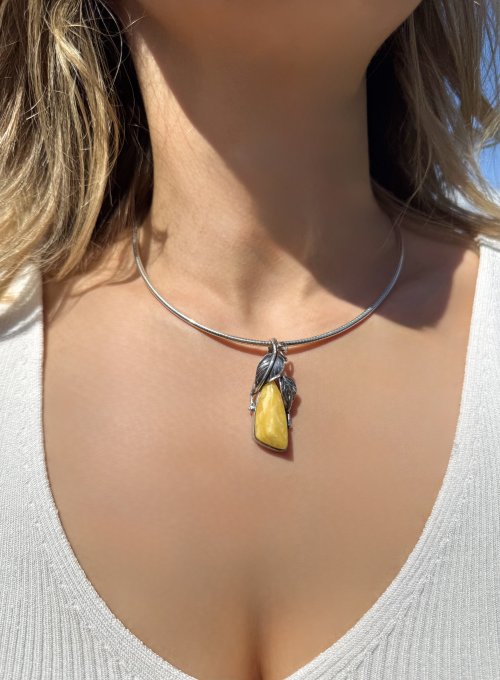 Sterling Silver Butterscotch Amber Leaf Pendant. NEW IN STOCK.