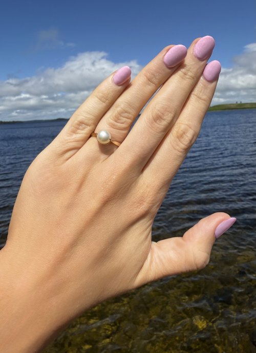 Vintage 9ct. Yellow Gold Pearl Ring - Lotus Leaf Design. NEW IN STOCK.