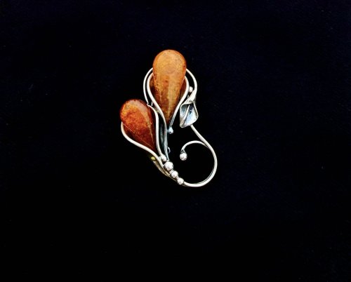 Sterling Silver Amber Floral Brooch with Tear-Shaped Amber Stones. NEW IN STOCK.