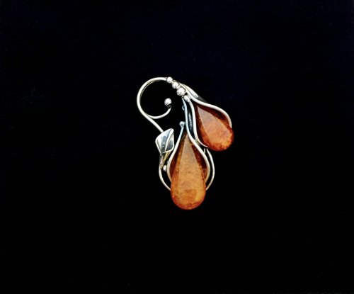 Sterling Silver Amber Floral Brooch with Tear-Shaped Amber Stones. NEW IN STOCK.
