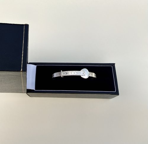 Vintage Sterling Silver Christening Baby Bangle with Chevron Design &amp; Buckle Expander. NEW IN STOCK.