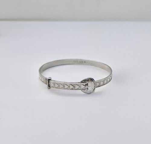 Vintage Sterling Silver Christening Baby Bangle with Chevron Design &amp; Buckle Expander. NEW IN STOCK.