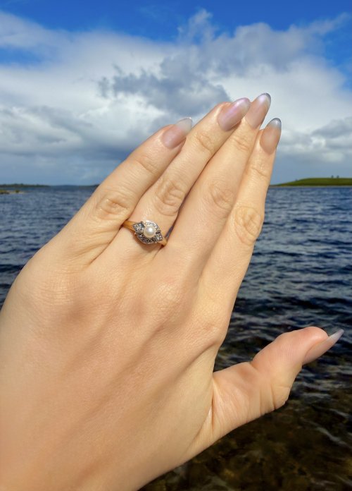9ct. Yellow Gold Cultured Pearl &amp; Diamond Ring. NEW IN STOCK.