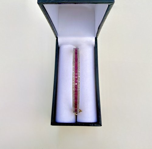 Gilt Sterling Silver Rubellite &amp; Marcasite Bangle - 30 Baguette-Cut Gemstones. NEW IN STOCK.