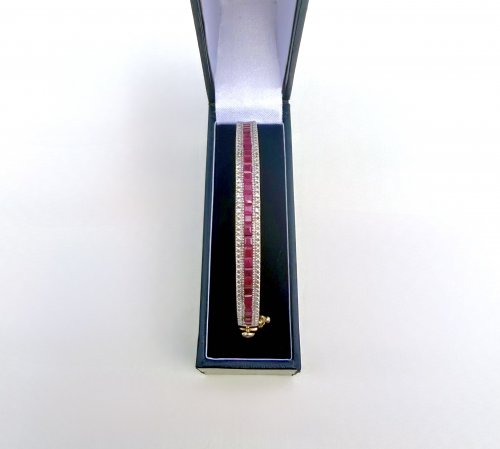 Gilt Sterling Silver Rubellite &amp; Marcasite Bangle - 30 Baguette-Cut Gemstones. NEW IN STOCK.