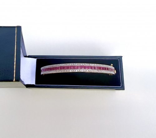 Gilt Sterling Silver Rubellite &amp; Marcasite Bangle - 30 Baguette-Cut Gemstones. NEW IN STOCK.