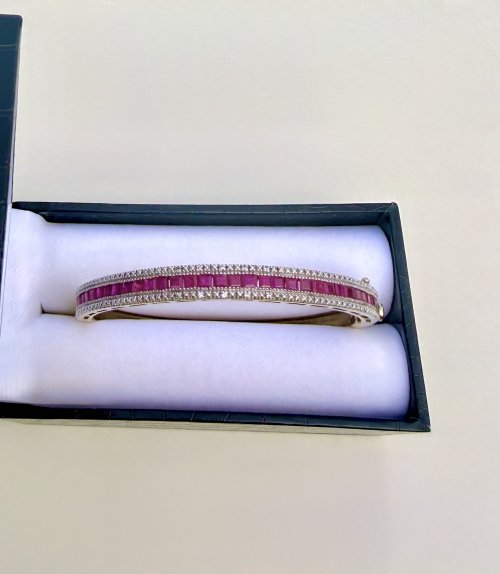 Gilt Sterling Silver Rubellite &amp; Marcasite Bangle - 30 Baguette-Cut Gemstones. NEW IN STOCK.