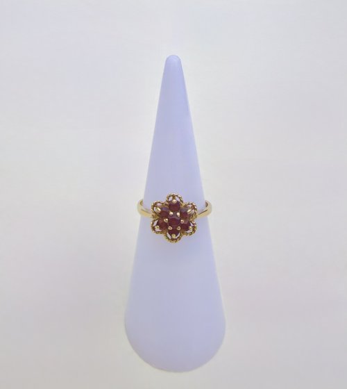 Vintage 9ct. Yellow Gold Garnet Floral Cluster Ring - 7 Garnets. NEW IN STOCK.