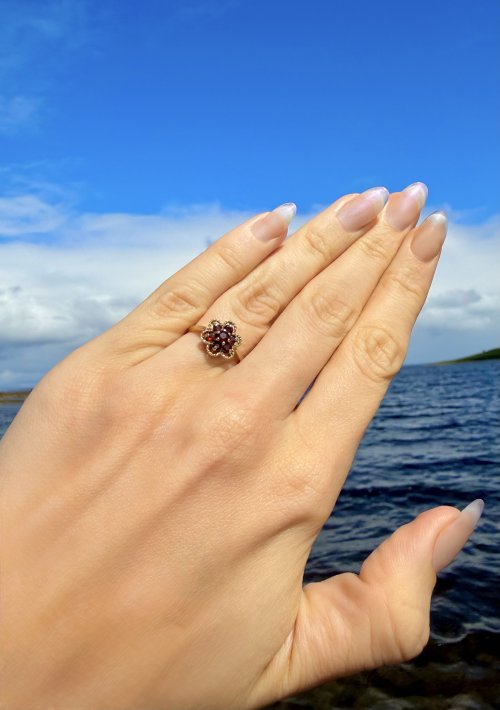 Vintage 9ct. Yellow Gold Garnet Floral Cluster Ring - 7 Garnets. NEW IN STOCK.