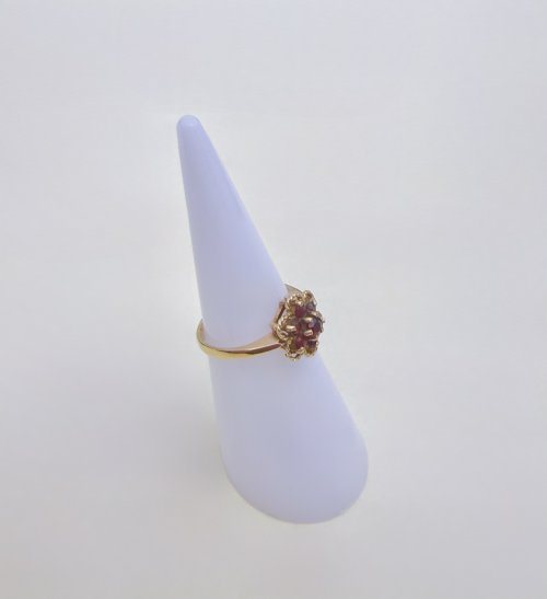 Vintage 9ct. Yellow Gold Garnet Floral Cluster Ring - 7 Garnets. NEW IN STOCK.