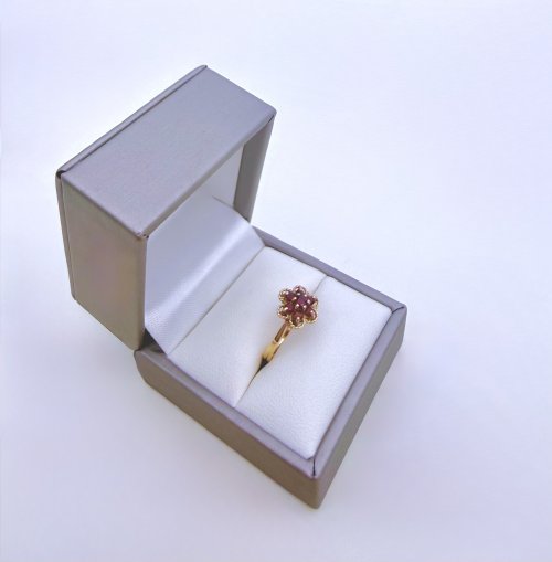 Vintage 9ct. Yellow Gold Garnet Floral Cluster Ring - 7 Garnets. NEW IN STOCK.