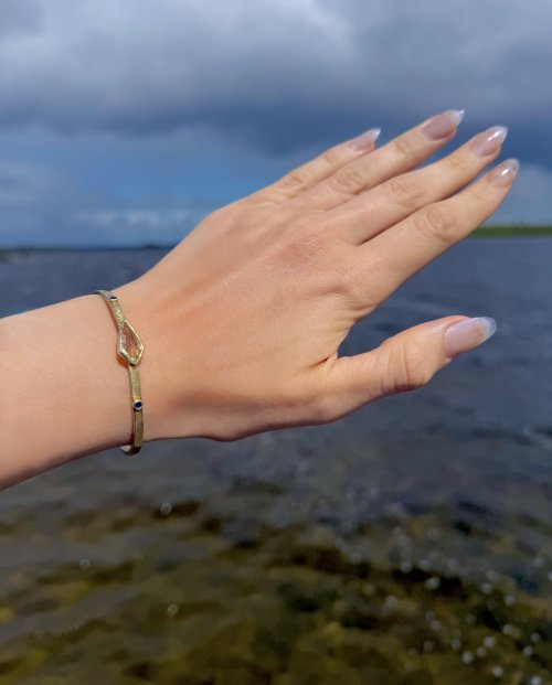 Designer Sterling Silver Gilt Bangle - Yellow &amp; Sapphire-Blue Gemstone Design. NEW IN STOCK.