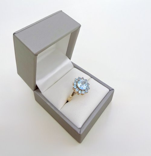 9ct. Gold Sky Blue Topaz Tiered Cluster Ring. NEW IN STOCK.