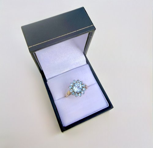 9ct. Gold Sky Blue Topaz Tiered Cluster Ring. NEW IN STOCK.