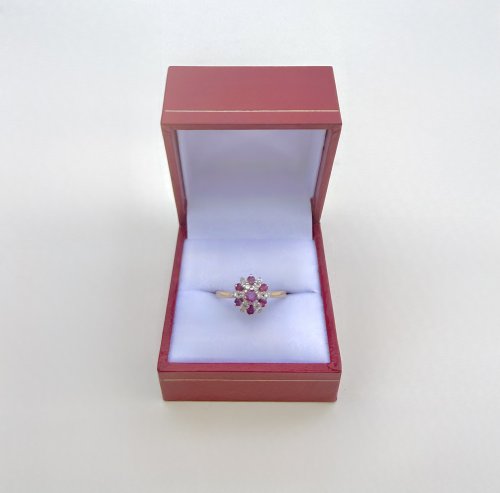 Vintage 9ct. Yellow Gold Ruby & Diamond Cluster Ring - 7 Rubies & 12 Diamonds. NEW IN STOCK.