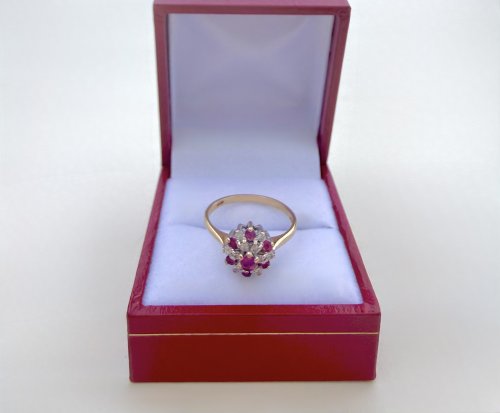 Vintage 9ct. Yellow Gold Ruby &amp; Diamond Cluster Ring - 7 Rubies &amp; 12 Diamonds. NEW IN STOCK.
