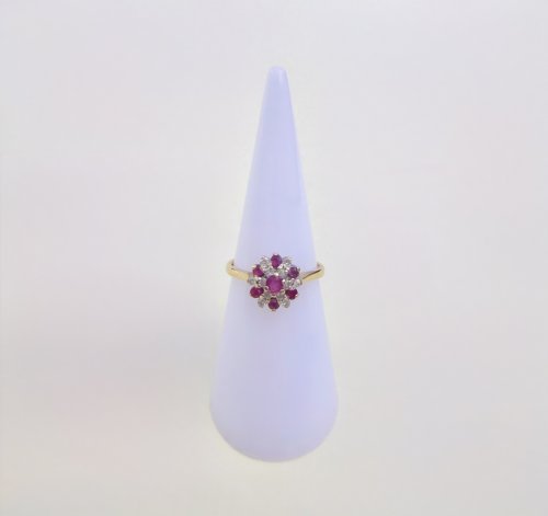 Vintage 9ct. Yellow Gold Ruby &amp; Diamond Cluster Ring - 7 Rubies &amp; 12 Diamonds. NEW IN STOCK.