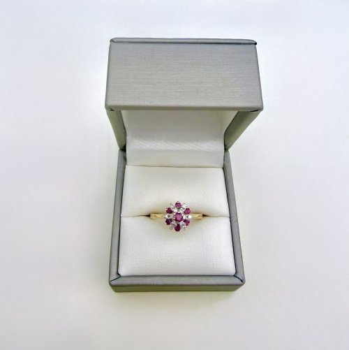 Vintage 9ct. Yellow Gold Ruby &amp; Diamond Cluster Ring - 7 Rubies &amp; 12 Diamonds. NEW IN STOCK.