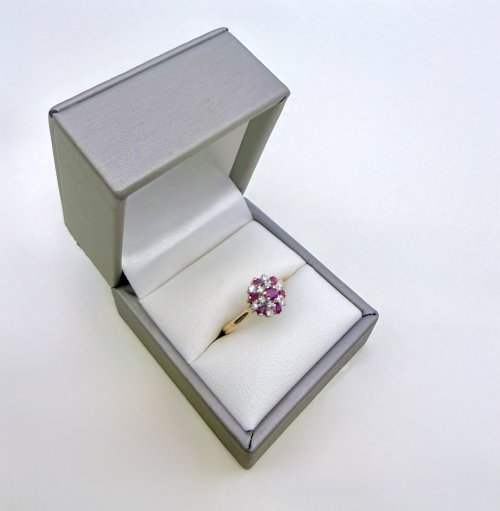 Vintage 9ct. Yellow Gold Ruby &amp; Diamond Cluster Ring - 7 Rubies &amp; 12 Diamonds. NEW IN STOCK.