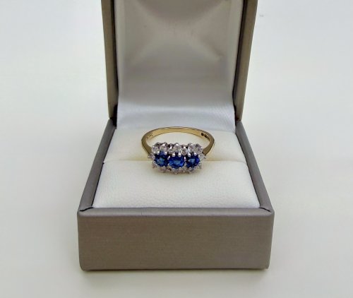 Vintage 9ct. Gold Blue Sapphire &amp; Diamond Ring. NEW IN STOCK.