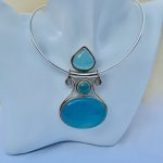 Statement Silver Blue Stone Pendant on Collarette Necklace.