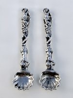 Pair Irish Victorian Silver Mermaid Salt Spoons Circa 1850.  