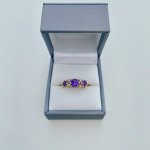 9ct. Gold 3-Stone Amethyst &amp; Diamond Ring. NEW STOCK.