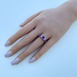 9ct. Gold 3-Stone Amethyst &amp; Diamond Ring. NEW STOCK.