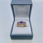 9ct. Gold 3-Stone Amethyst &amp; Diamond Ring. NEW STOCK.