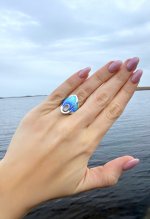 Handcrafted Silver Turquoise &amp; Indigo Enamel Ring with Moonstone Halo. NEW STOCK.