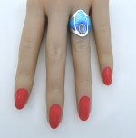 Handcrafted Silver Turquoise &amp; Indigo Enamel Ring with Moonstone Halo. NEW STOCK.